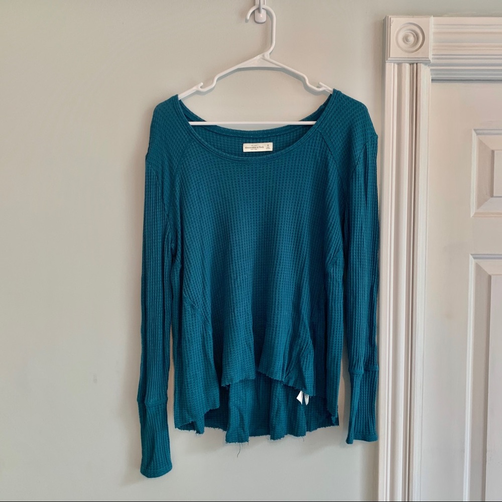 Teal Waffle knit Long sleeve Wide-Neck Top